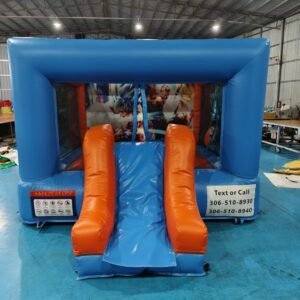 Compact Goku themed inflatable bounce house with front slide (mini combo unit)