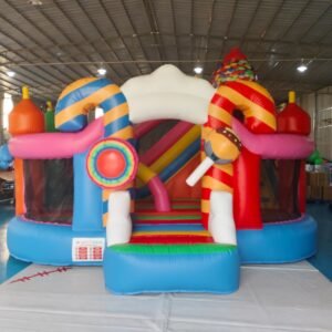 Candy-themed inflatable bounce house combo